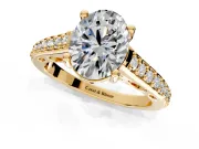 Solitaire Engagement Ring Setting for Oval Center with Pave Cathedral Band and Prong Head in Yellow Gold