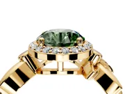 Halo Engagement Ring Setting for Fancy Green Round Cut Center with Floral Band and Prong Head in Yellow Gold