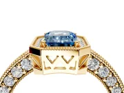 Milgrain Halo Engagement Ring Setting for Fancy Blue Emerald Cut Center with Wide Pave Band and Prong Head in Yellow Gold