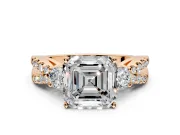 3 Stone Engagement Ring Setting for Asscher Cut Center with Pave Split Shank and Prong Head in Rose Gold