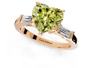 3 Stone Engagement Ring Setting for Fancy Yellow Heart-Shaped Center with Channel Baguette Accents and Prong Head in Rose Gold