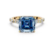 Solitaire Engagement Ring Setting for Fancy Blue Asscher Cut Center with Alternating Size Accents and Prong Head in Yellow Gold