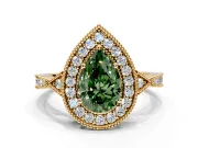 Halo Engagement Ring Setting for Fancy Green Pear-Shaped Center with Milgrain Rim, Pave Band and Prong Head in Yellow Gold