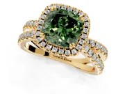 Halo Engagement Ring Setting for Fancy Green Cushion Cut Center with Double Pave Split Shank and Prong Head in Yellow Gold