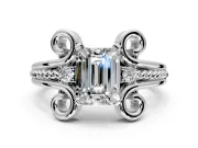 Solitaire Engagement Ring Setting for Emerald Cut Center with Twisted Band and Scroll Prong Head in Platinum