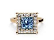 Single Halo Engagement Ring Setting for Fancy Blue Princess Cut Center with Corner Claws, Plain Band and Prong Head in Yellow Gold