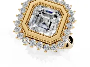 Halo Engagement Ring Setting for Asscher Cut Center with Milgrain Bezel Rim, Plain Band and Prong Head in Yellow Gold