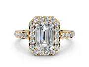 Halo Engagement Ring Setting for Emerald Cut Center with Heart-Shaped Openwork, Pave Band and Prong Head in Yellow Gold