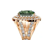 Double Halo Engagement Ring Setting for Fancy Green Radiant Cut Center with Narrow Pave Split Shank and Prong Head in Rose Gold
