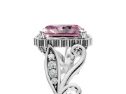 Halo Engagement Ring Setting for Fancy Pink Radiant Cut Center with Leaf Motif Split Shank and Prong Head in Platinum