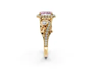 Milgrain Halo Engagement Ring Setting for Fancy Pink Radiant Cut Center with Shoulder Bezels and Prong Head in Yellow Gold
