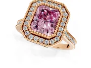 Halo Engagement Ring Setting for Fancy Pink Radiant Cut Center with Milgrain Frame, Pave Band and Prong Head in Rose Gold