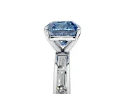 Solitaire Engagement Ring Setting for Fancy Blue Cushion Cut Center with Channel Baguette Band and Prong Head in Platinum