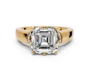 Solitaire Engagement Ring Setting for Asscher Cut Center with Wide Band, Pave Collar and Prong Head in Yellow Gold