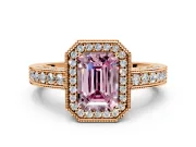 Milgrain Halo Engagement Ring Setting for Fancy Pink Emerald Cut Center with Wide Pave Band and Prong Head in Rose Gold