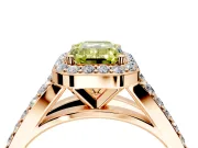 Halo Engagement Ring Setting for Fancy Yellow Emerald Cut Center with Narrow Pave Split Shank and Prong Head in Rose Gold