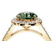 Halo Engagement Ring Setting for Fancy Green Round Cut Center with Narrowing Pave Band and Prong Head in Yellow Gold