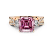 3 Stone Engagement Ring Setting for Fancy Pink Asscher Cut Center with Pave Split Shank and Prong Head in Rose Gold