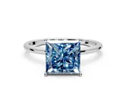 Solitaire Engagement Ring Setting for Fancy Blue Princess Cut Center with Straight Thin Band and Prong Head in Sterling Silver