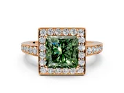 Bezel-Framed Halo Engagement Ring Setting for Fancy Green Princess Cut Center with Pave Band and Prong Head in Rose Gold