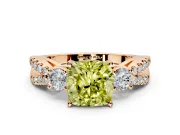3 Stone Engagement Ring Setting for Fancy Yellow Cushion Cut Center with Pave Split Shank and Prong Head in Rose Gold