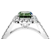 Halo Engagement Ring Setting for Fancy Green Emerald Cut Center with Raised Halo, Pave Band and Prong Head in Platinum