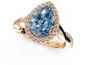 Halo Engagement Ring Setting for Fancy Blue Pear-Shaped Center with Twist Band and Prong Head in Rose Gold