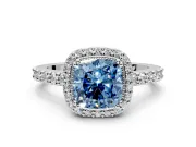Halo Engagement Ring Setting for Fancy Blue Cushion Cut Center with Inner Milgrain Border and Prong Head in White Gold