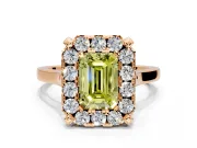 Single Halo Engagement Ring Setting for Fancy Yellow Emerald Cut Center with Corner Claws, Plain Band and Prong Head in Rose Gold