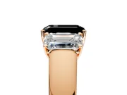 3 Stone Engagement Ring Setting for Fancy Black Emerald Cut Center with Raised Basket Heads and Prong Head in Rose Gold