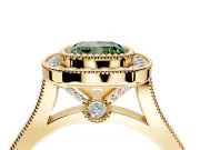 Halo Engagement Ring Setting for Fancy Green Cushion Cut Center with Milgrain Frame, Pave Band and Prong Head in Yellow Gold