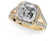 Halo Engagement Ring Setting for Asscher Cut Center with Narrow Pave Split Shank and Prong Head in Yellow Gold