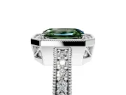 Milgrain Halo Engagement Ring Setting for Fancy Green Emerald Cut Center with Wide Pave Band and Prong Head in Platinum