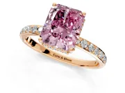 Hidden Halo Engagement Ring Setting for Fancy Pink Radiant Cut Center with Pave Band and Prong Head in Rose Gold