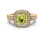 Milgrain Halo Engagement Ring Setting for Fancy Yellow Cushion Cut Center with Pave Band and Prong Head in Yellow Gold