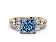 Cluster Engagement Ring Setting for Fancy Blue Princess Cut Center with Round Cut Accent Frame and Prong Head in Yellow Gold