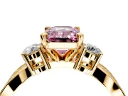 3 Stone Engagement Ring Setting for Fancy Pink Emerald Cut Center with Pave Twist Band and Prong Head in Yellow Gold