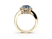 Halo Engagement Ring Setting for Fancy Blue Round Cut Center with Metal-Rimmed Halo, Pave Band and Prong Head in Yellow Gold