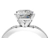 Solitaire Engagement Ring Setting for Princess Cut Center with Milgrain-Edged Pave Band and Prong Head in Platinum