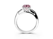 3 Stone Engagement Ring Setting for Fancy Pink Round Cut Center with Tapered Baguettes, Plain Band and Prong Head in Platinum