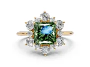 Small-Accent Cluster Halo Engagement Ring Setting for Fancy Green Princess Cut Center with Plain Band and Prong Head in Yellow Gold