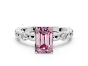 Solitaire Engagement Ring Setting for Fancy Pink Emerald Cut Center with Beaded Bezel Station Band and Prong Head in Platinum