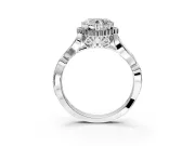 Halo Engagement Ring Setting for Heart-Shaped Center with Leaf Motif Split Shank and Prong Head in Sterling Silver