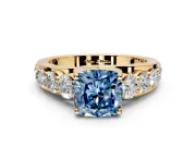 Solitaire Engagement Ring Setting for Fancy Blue Cushion Cut Center with Graduated Shared Prongs and Prong Head in Yellow Gold