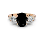 3 Stone Engagement Ring Setting for Fancy Black Oval Center with Crossover Basket, Pave Band and Prong Head in Rose Gold