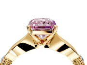 Solitaire Engagement Ring Setting for Fancy Pink Radiant Cut Center with Carved Leaf Shoulders and Prong Head in Yellow Gold