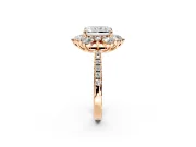 Floral Halo Engagement Ring Setting for Radiant Cut Center with Pave Accents and Prong Head in Rose Gold