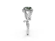 Halo Engagement Ring Setting for Fancy Green Heart-Shaped Center with Leaf Motif Split Shank and Prong Head in Sterling Silver
