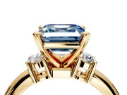 3 Stone Engagement Ring Setting for Fancy Blue Asscher Cut Center with Wide Plain Band and Prong Head in Yellow Gold
