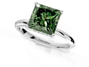 Hidden Halo Engagement Ring Setting for Fancy Green Princess Cut Center with Thin Round-Wire Band and Prong Head in White Gold
